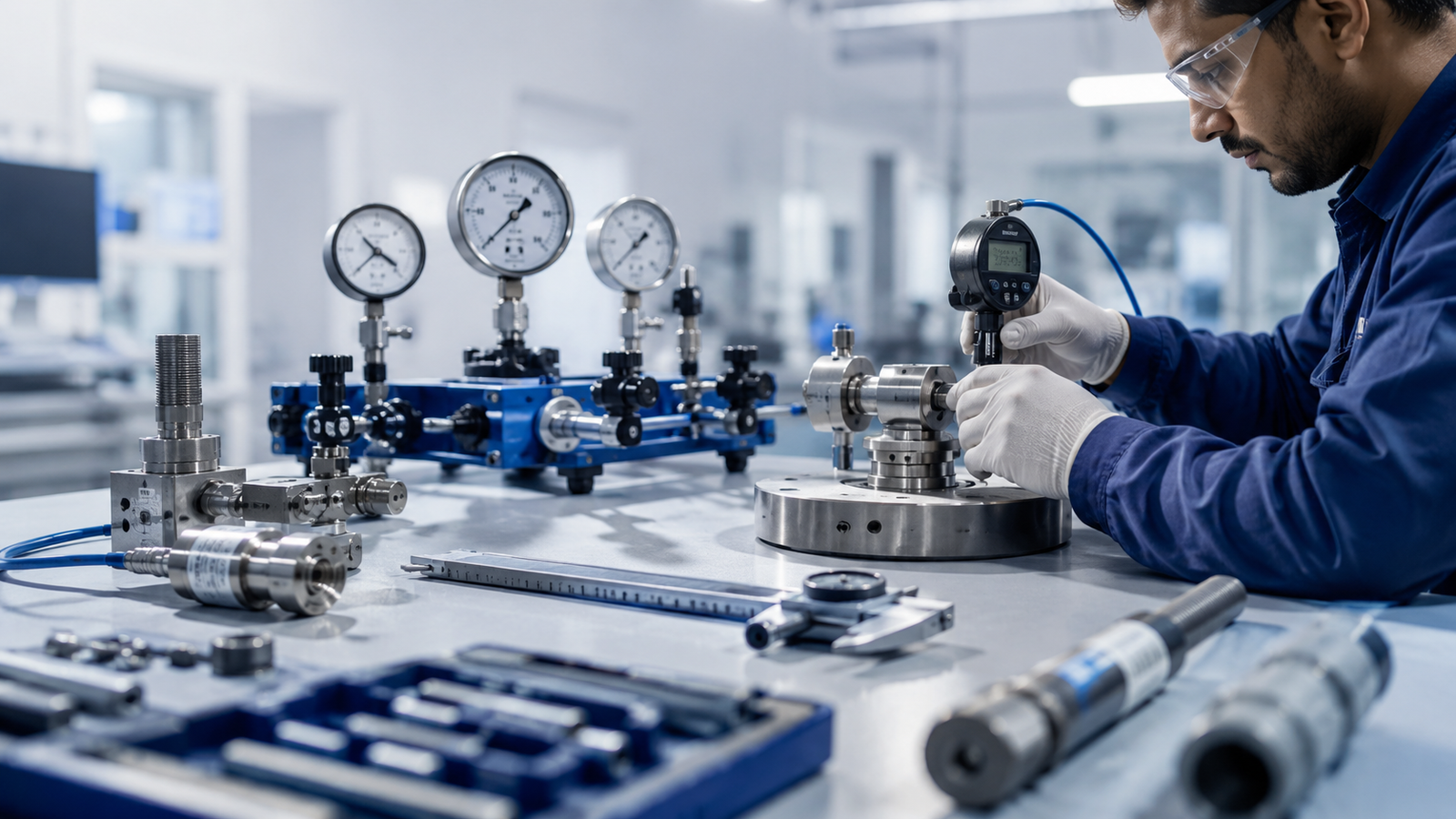 Calibration engineer working with precision equipment